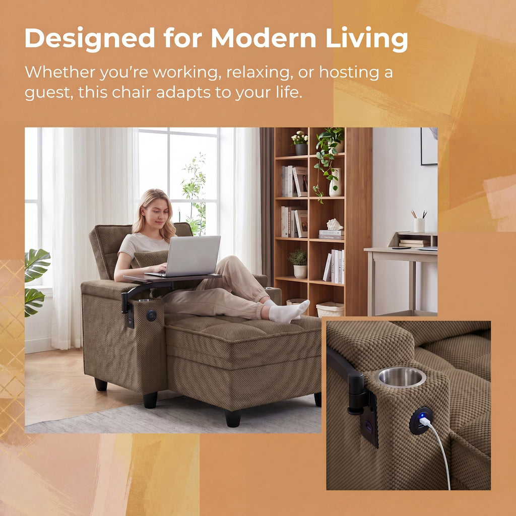 Convertible Sleeper Chair, Pull Out Sofa Bed with Adjustable Backrest & Hidden Storage Armrest, Single Sofa Recliner with USB Charging Port & Cup Holders for Living Room, Bedroom, Dark Gray