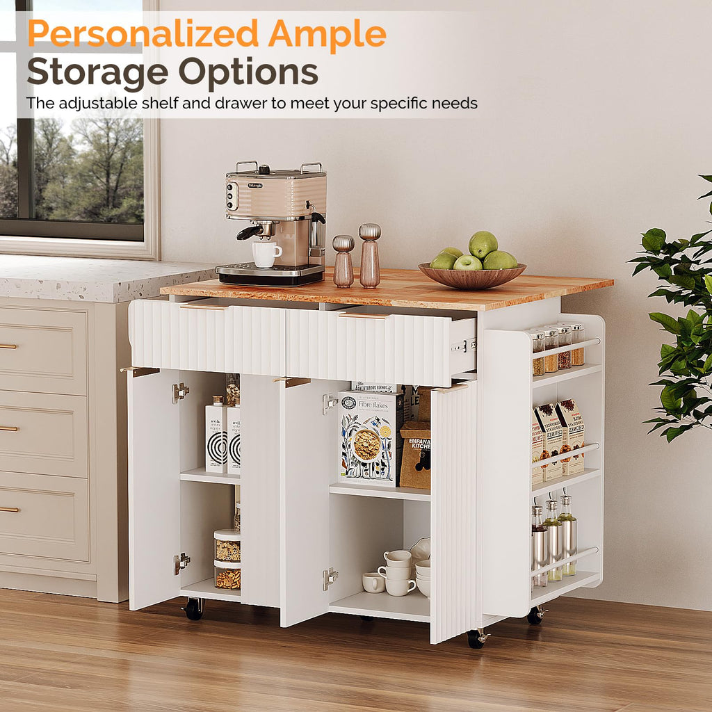 VINGLI Fluted Kitchen Island Cart with Drop-Leaf, 3 Drawers, White
