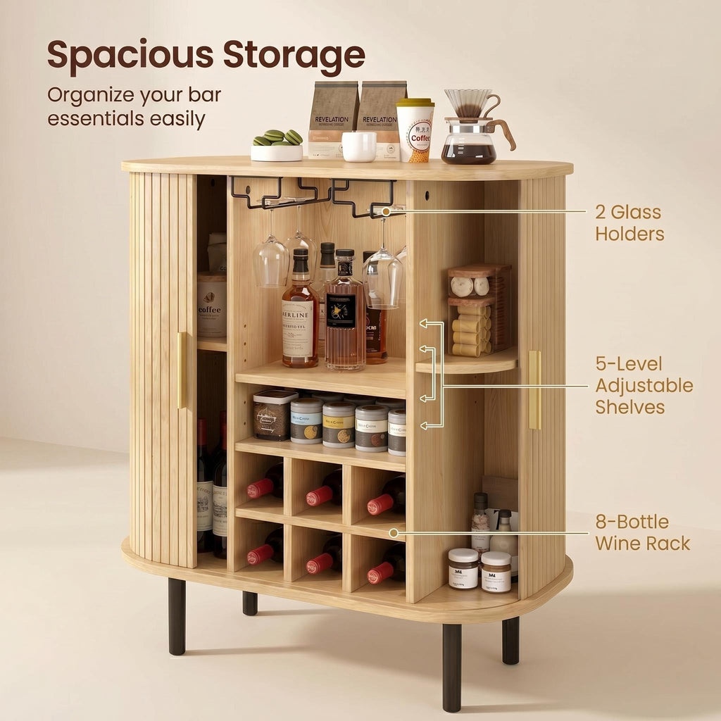 28 Inch Fluted Wine Bar Cabinet with Storage, Coffee Bar Cabinet with Sliding Tambour Doors, 8-Grid Wine Rack, Glass Holders, Adjustable Shelves, Sideboard Buffet Cabinet(Black)
