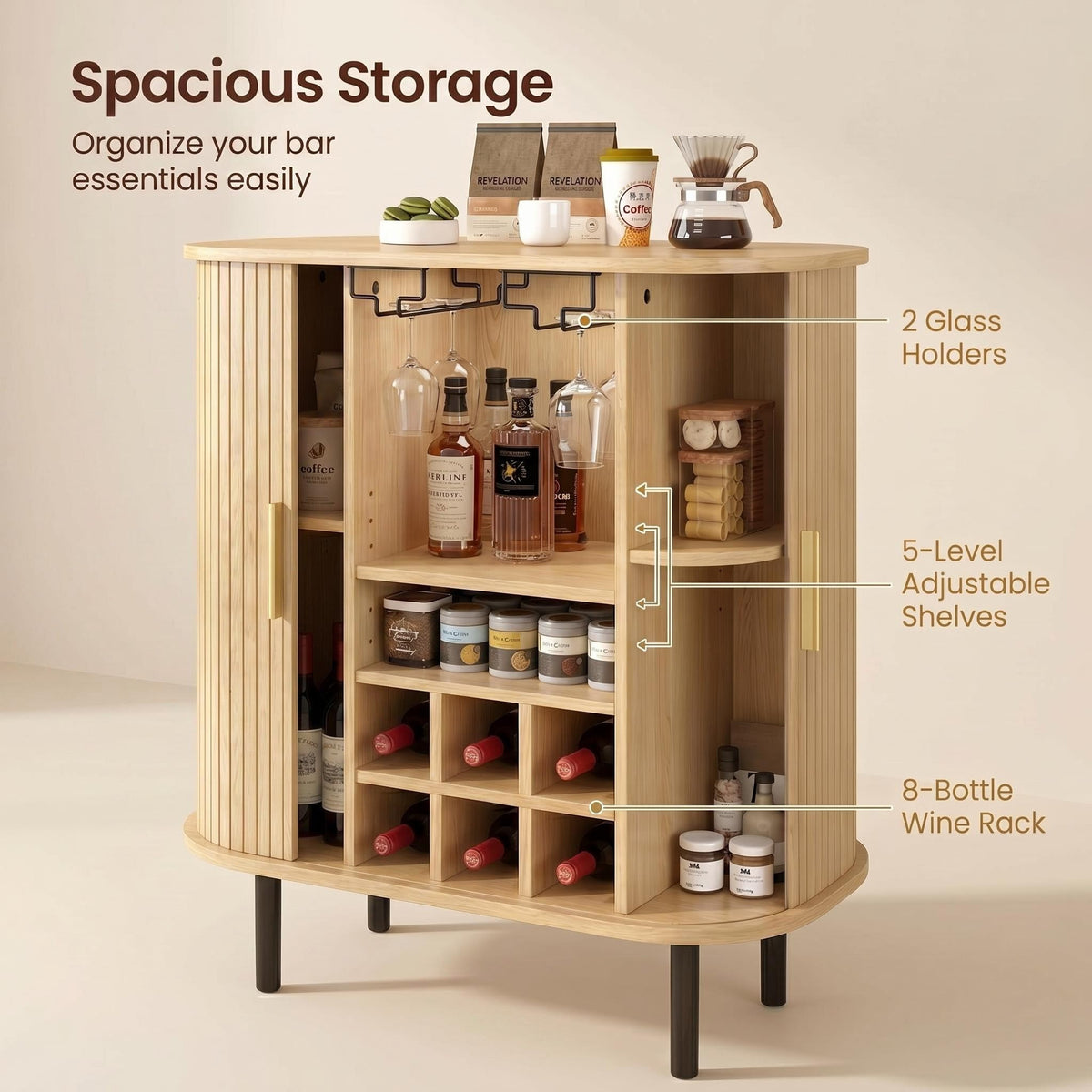 28 Inch Fluted Wine Bar Cabinet with Storage, Coffee Bar Cabinet with Sliding Tambour Doors, 8-Grid Wine Rack, Glass Holders, Adjustable Shelves, Sideboard Buffet Cabinet(Black)