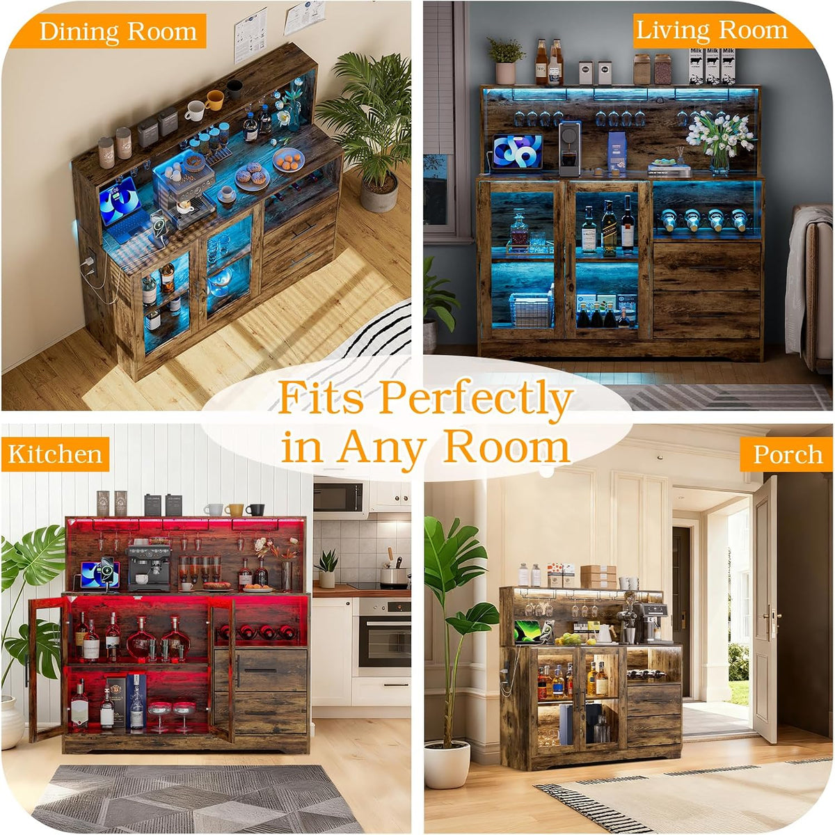 Home Bar Cabinet with Adjustable RGB LED Light, Wine & Coffee Storage with Rack & Drawers, Charging Station, Modern Liquor Cabinet for Living & Dining Room, All-in-One Wine Bar Cabinet (Rustic)
