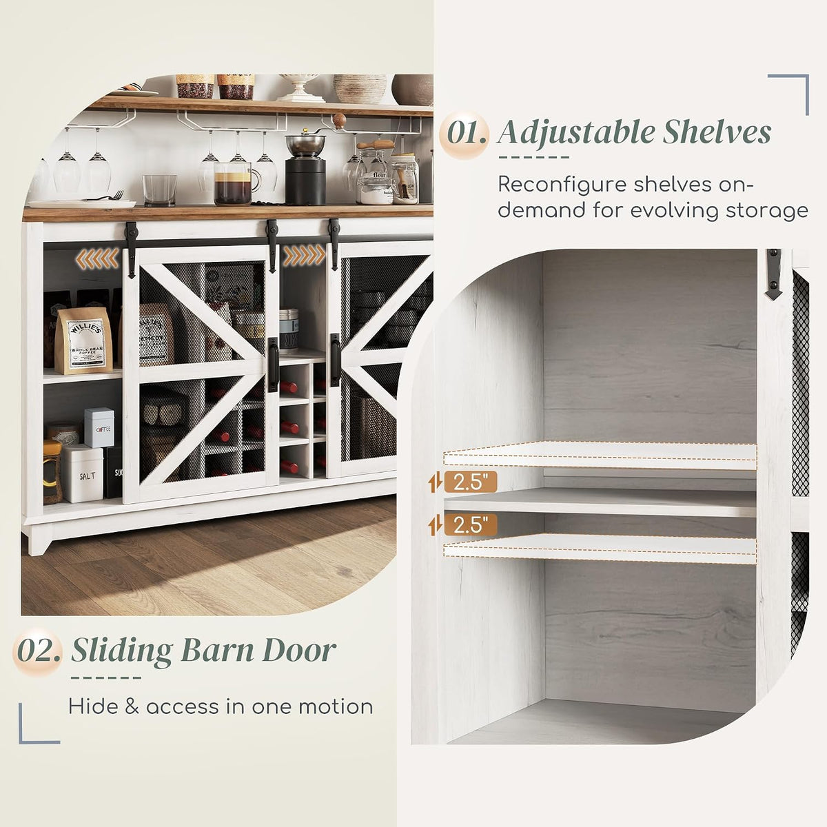 HOMCOM Farmhouse Coffee Bar Cabinet LED Lights 55" Distressed White