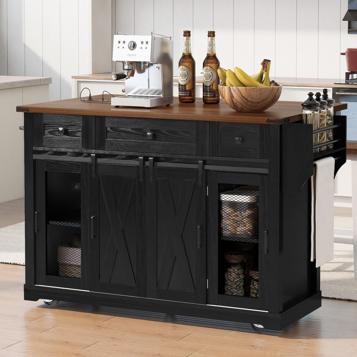53" Large Kitchen Island with Drop Leaf & Power Outlet, Rolling Kitchen Cart on 5 Wheels with Internal Door Storage Rack, 5 Open Side Racks, 3 Drawers, 2 Doors for Kitchen Dining Room