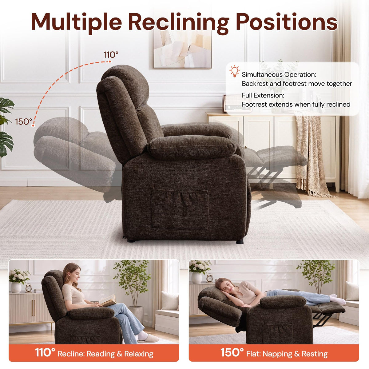 Korser Power Recliner Chair for Adults, Oversized Electric Recliner with Thickened Cushions, Reclining Chair for Bedroom, Living Room Chairs with Side Pockets, Chenille