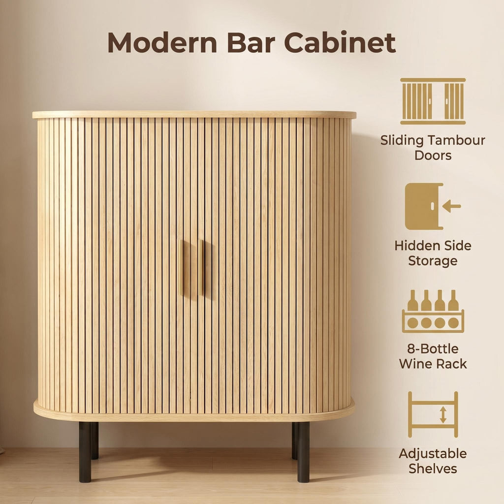 28 Inch Fluted Wine Bar Cabinet with Storage, Coffee Bar Cabinet with Sliding Tambour Doors, 8-Grid Wine Rack, Glass Holders, Adjustable Shelves, Sideboard Buffet Cabinet(Black)