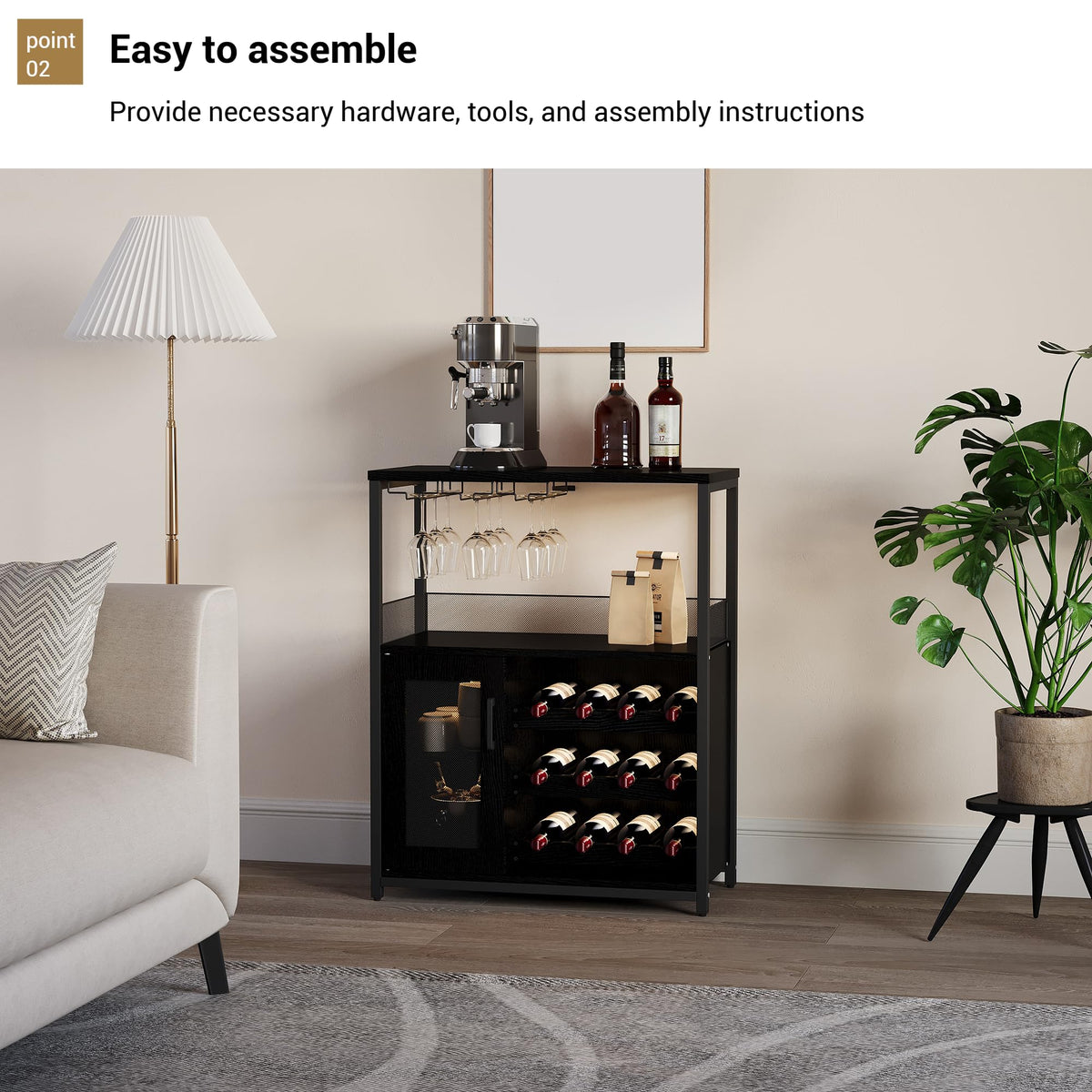 3-Tier Wine Bar Cabinet with Removable Wine Rack, Liquor Storage Cabinet with Glass Holder & Mesh Door, Coffee Bar Sideboard Buffet for Living Room or Dining Room, Gray