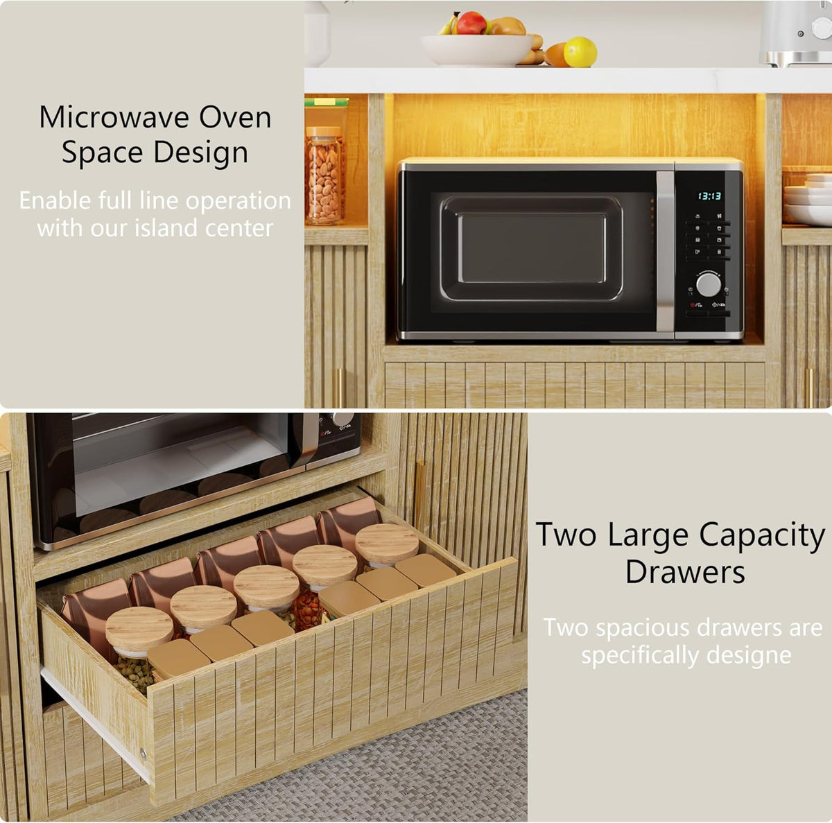 Kitchen Island with Power Outlet & LED Lights, 47" Rolling Island