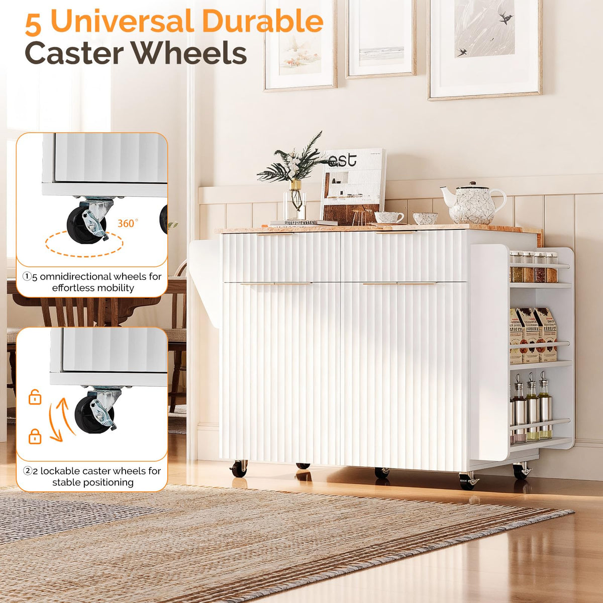 VINGLI Fluted Kitchen Island Cart with Drop-Leaf, 3 Drawers, White