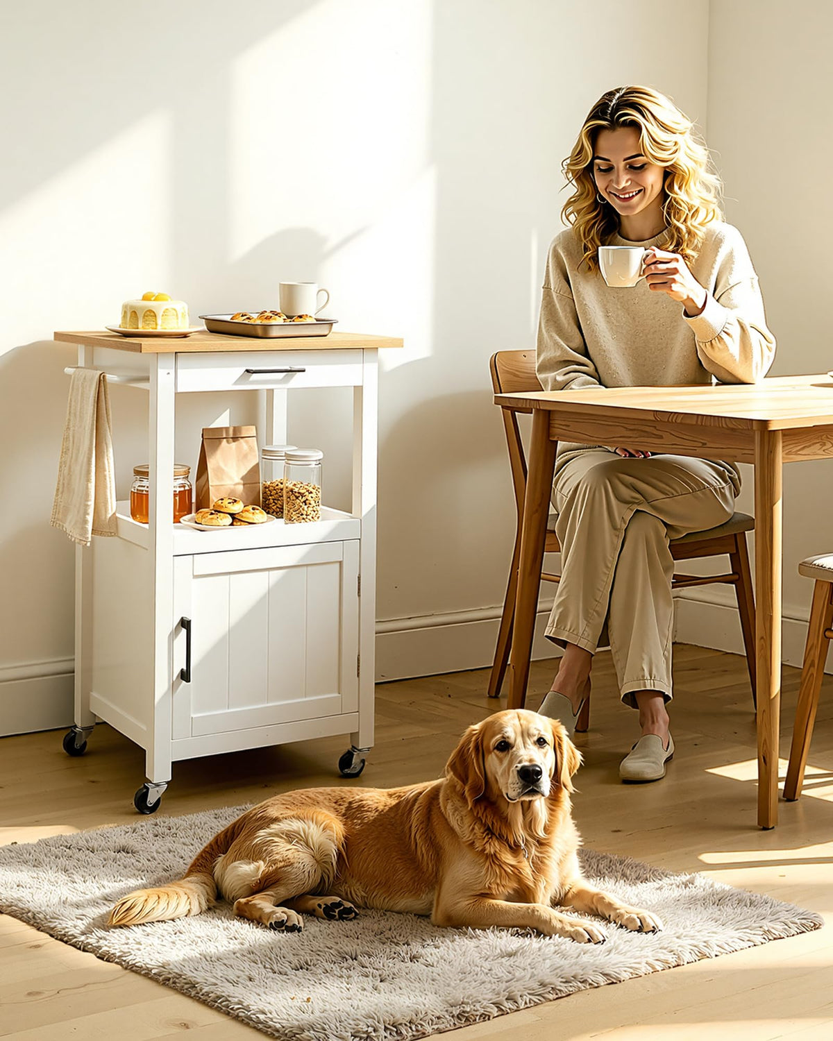 VEVOR Kitchen Island Cart with Storage, 47.64 in Wide Mobile Rolling Storage Island on Swivel Wheels, with 2 Drawers, Storage Cabinet, Drop Leaf, Towel Rack, Table for Home Dining Room, White