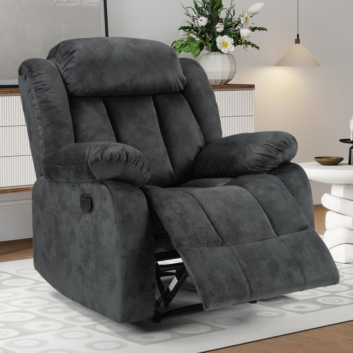 INZOY Manual Recliner Chair with Padded Armrest, Wall-Hugger Single Sofa Recliners with Overstuffed Back, Classical Fabric Reclining Chairs for Living Room Theater Seating, Brown