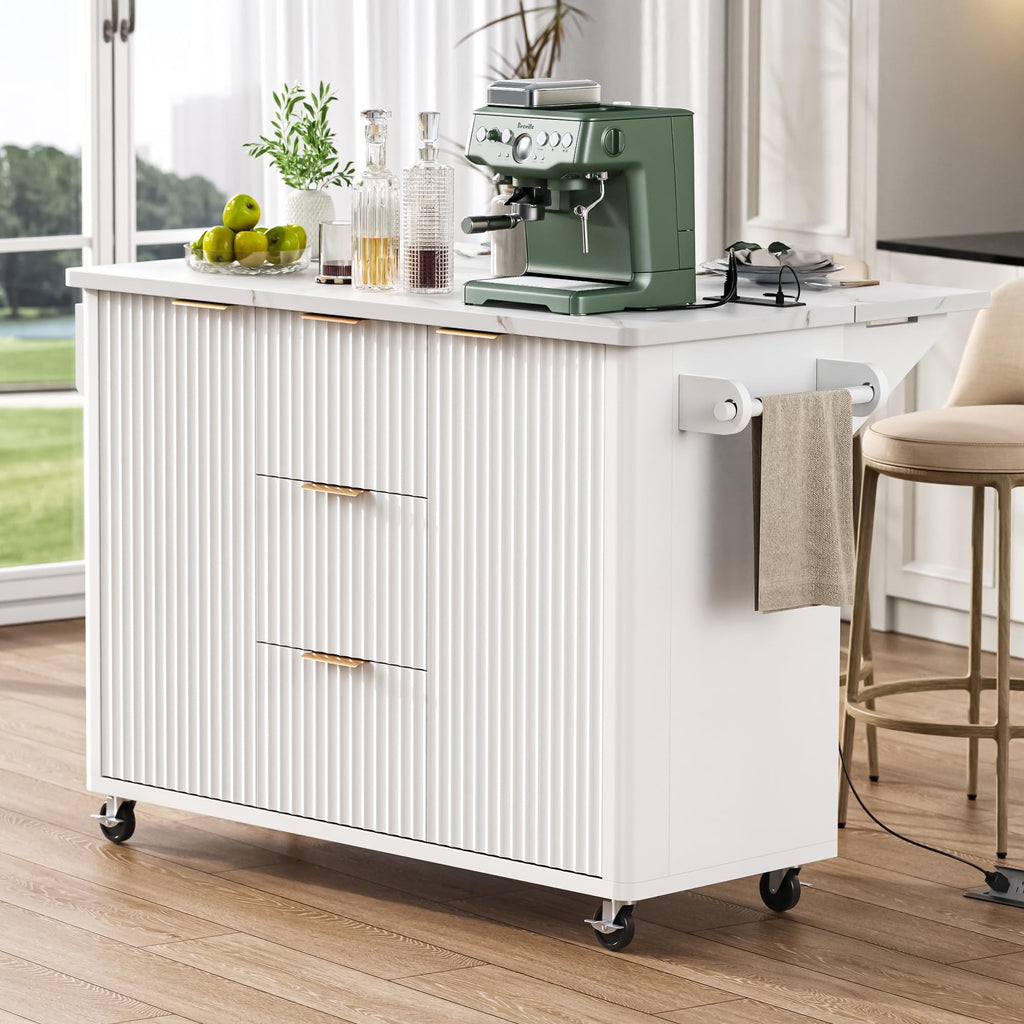 Large Fluted Kitchen Island Cart on Wheels with Storage, Natural
