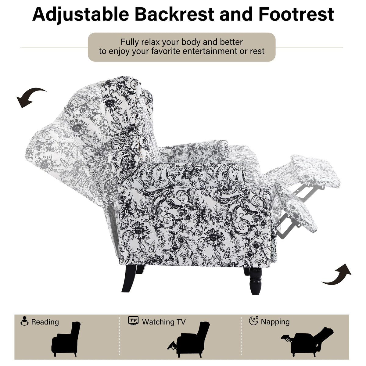 Wingback Floral Pushback Recliner Chair, Plants Beige, Set of 2