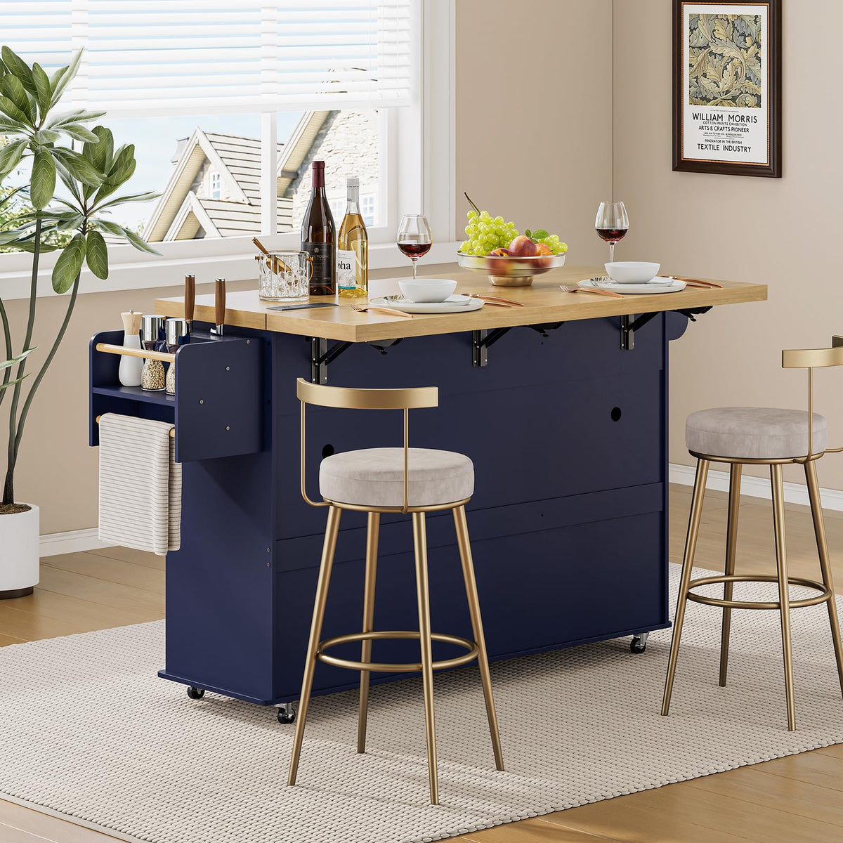 ONBRILL 60" Kitchen Island with Trash Can Storage, Rolling Island Table