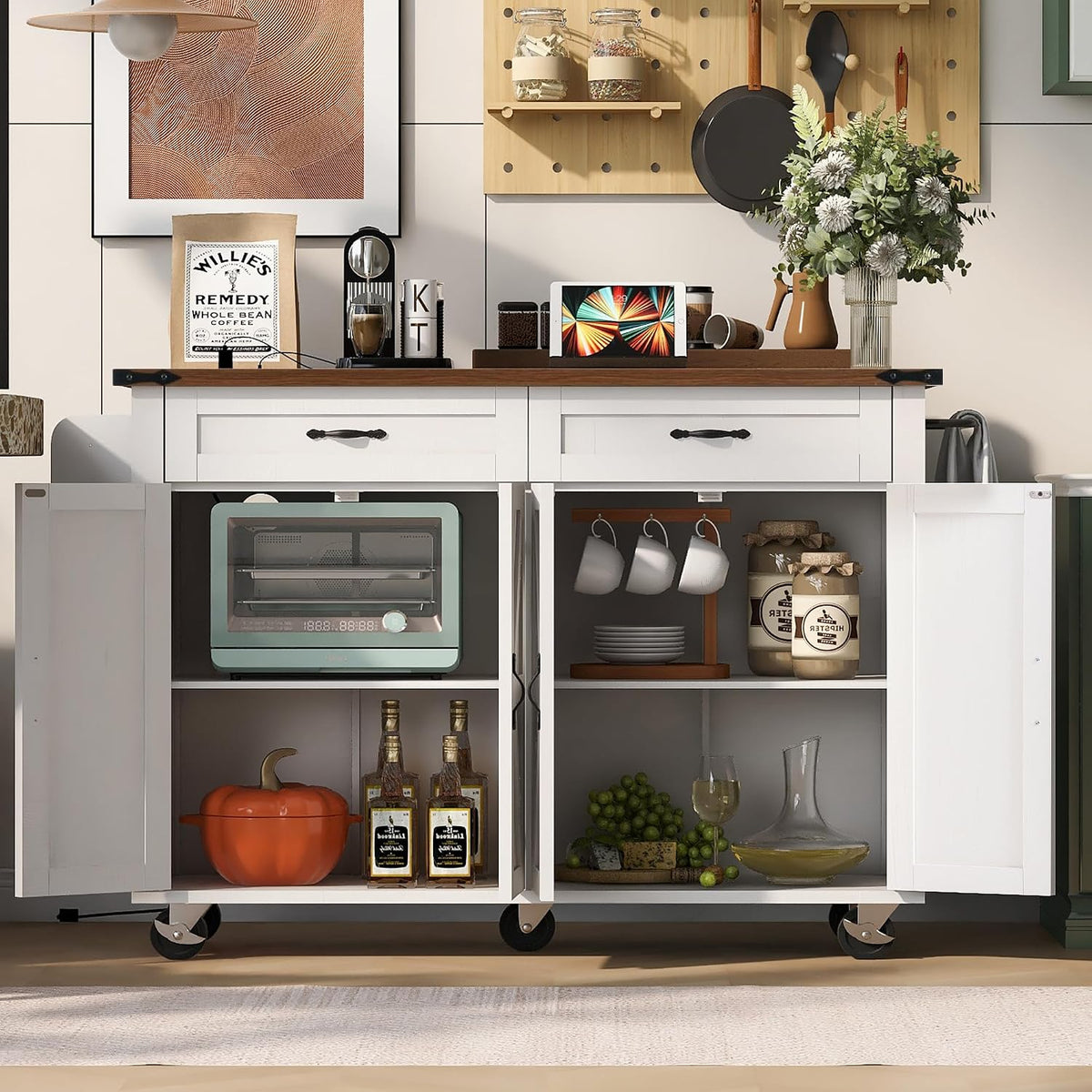 Ball & Cast Farmhouse Kitchen Island with Power Outlet,Dining Storage Island with Drop Leaf,Spice Rack and Drawer,Rolling Dining Cart on Wheels for Home,Kitchen,Dining Room,White,54"