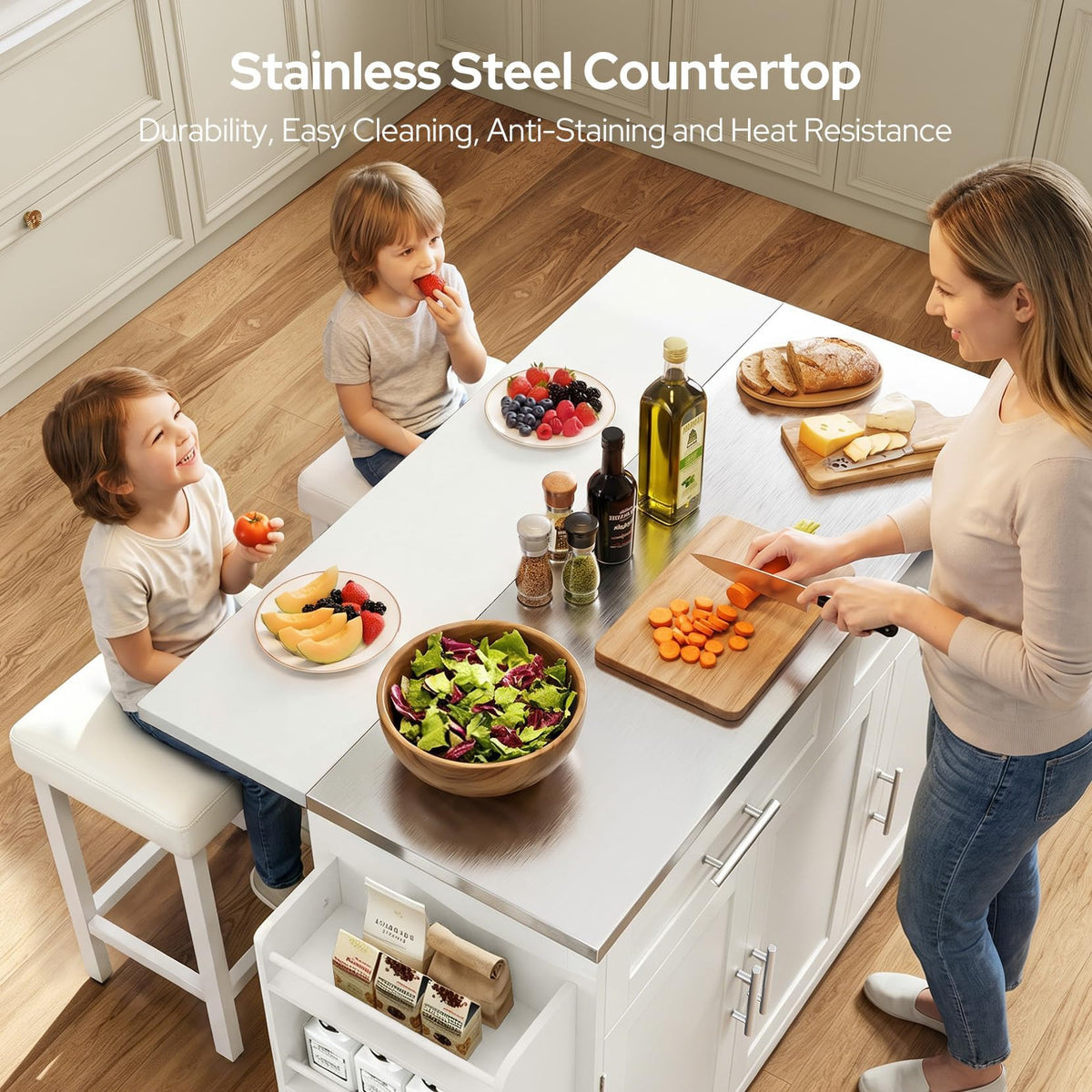 Concho 56" Kitchen Island with Seating Stainless Steel Countertop Black