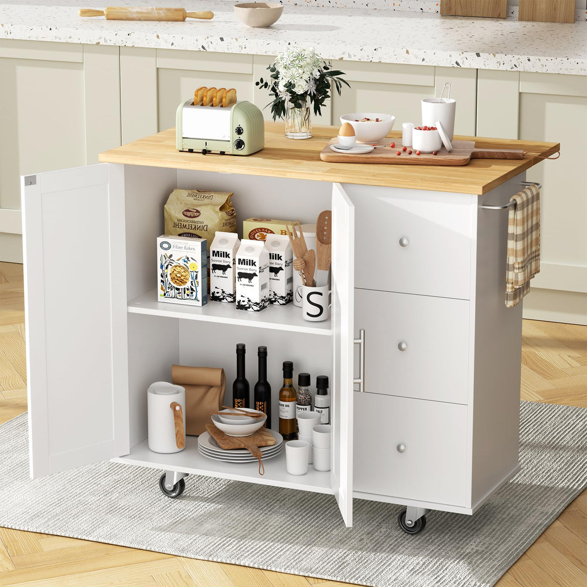 JY QAQA 40" Kitchen Island Cart Furniture cart on Wheels Rolling Portable Dining Room Serving Utility Carts Mobile Movable with Drawers Cabinet,Black