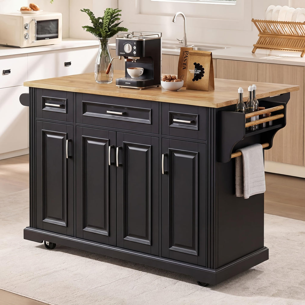 Large Kitchen Island with Rubber Wood Drop Leaf and Silver Handle