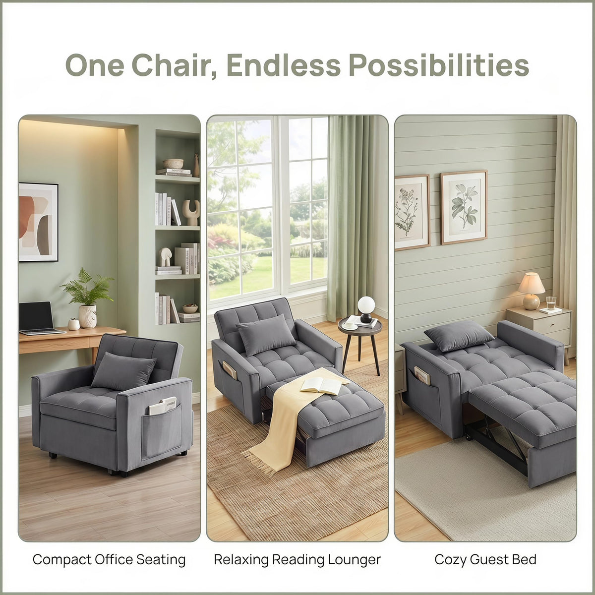 Convertible Sleeper Chair, Pull Out Sofa Bed with Adjustable Backrest & Hidden Storage Armrest, Single Sofa Recliner with USB Charging Port & Cup Holders for Living Room, Bedroom, Dark Gray