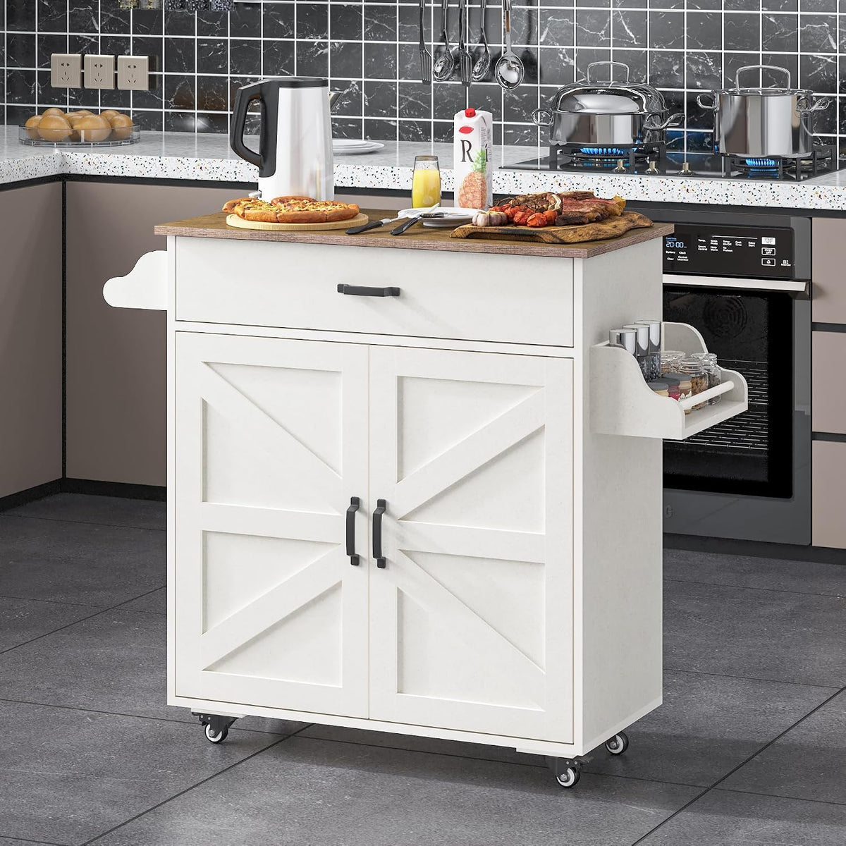 Wooden Kitchen Island on Wheels, Kitchen Storage Island with Spice Rack and Drawer, Rolling Kitchen Table with Towel Rack, Portable Islands on Wheels, for Home, Dining Room, 42" Wide White