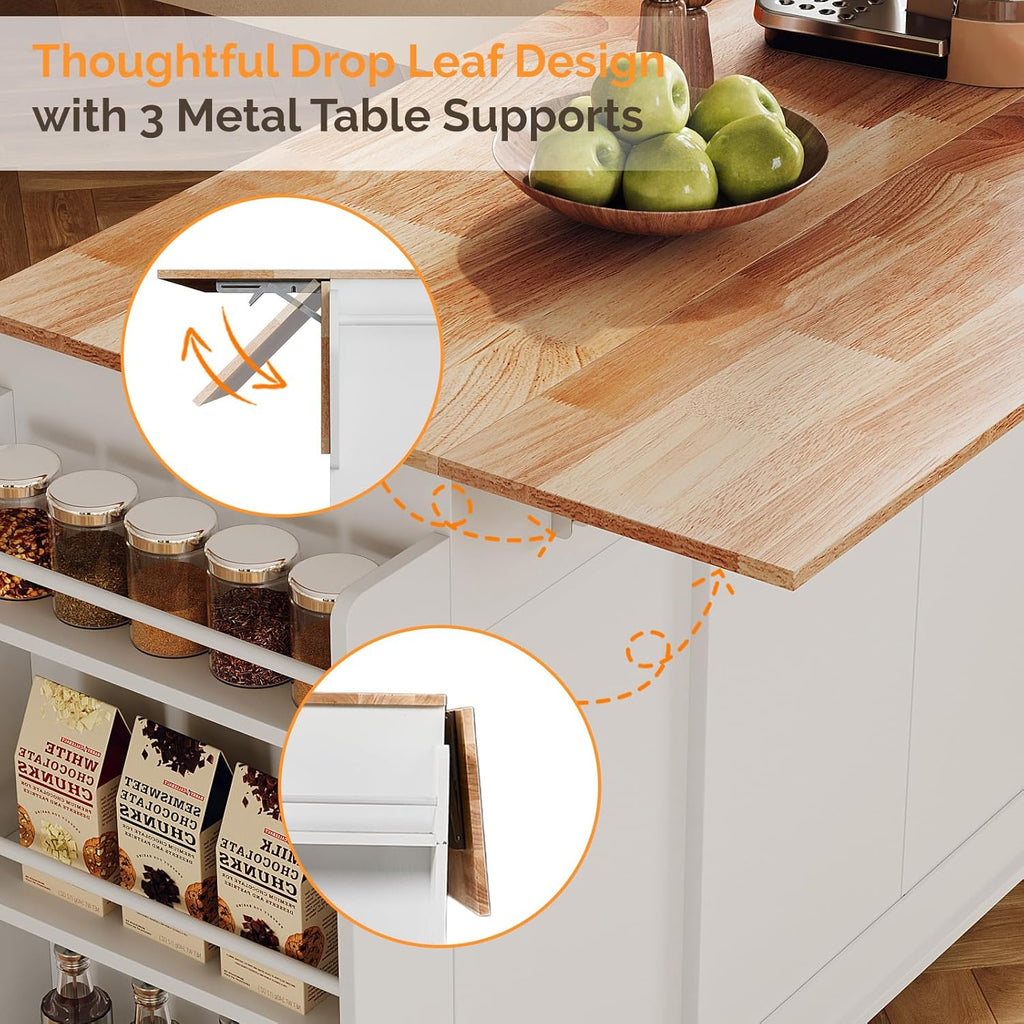 VINGLI Fluted Kitchen Island Cart with Drop-Leaf, 3 Drawers, White