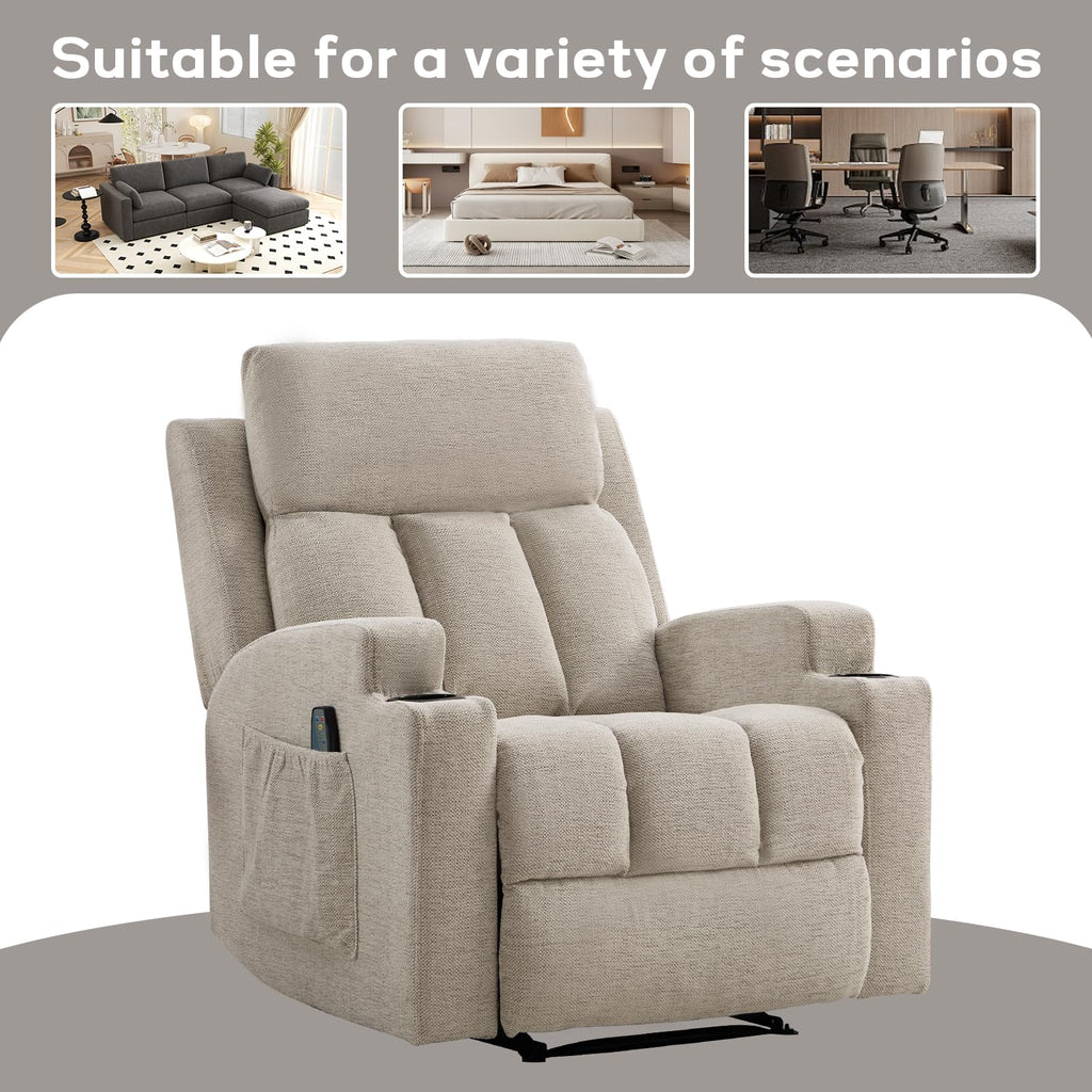 CANMOV Manual Recliner Chair with Massage and Heat, Soft Fabric Recliner Chair with Overstuffed Arm and Back, Manual Reclining Single Sofa with 2 Cup Holders, Side Pocket for Living Room, Dark Grey
