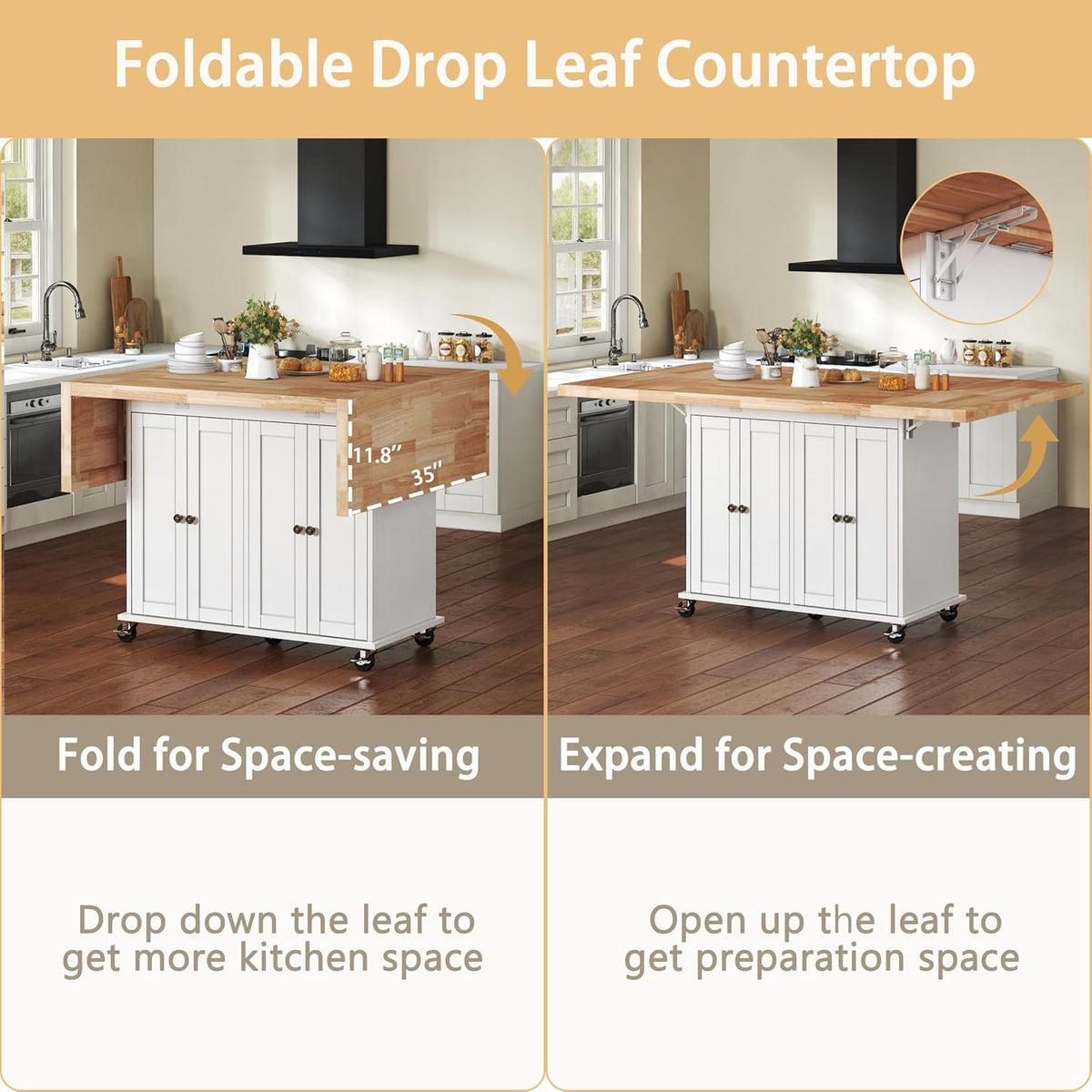62.8" Rolling Kitchen Island with Double Drop Leaf Rubberwood Countertop, Mobile Kitchen Cart with Storage Cabinet & Lockable Wheels, Space-Saving Foldable Kitchen Prep Station for Dining Room, White