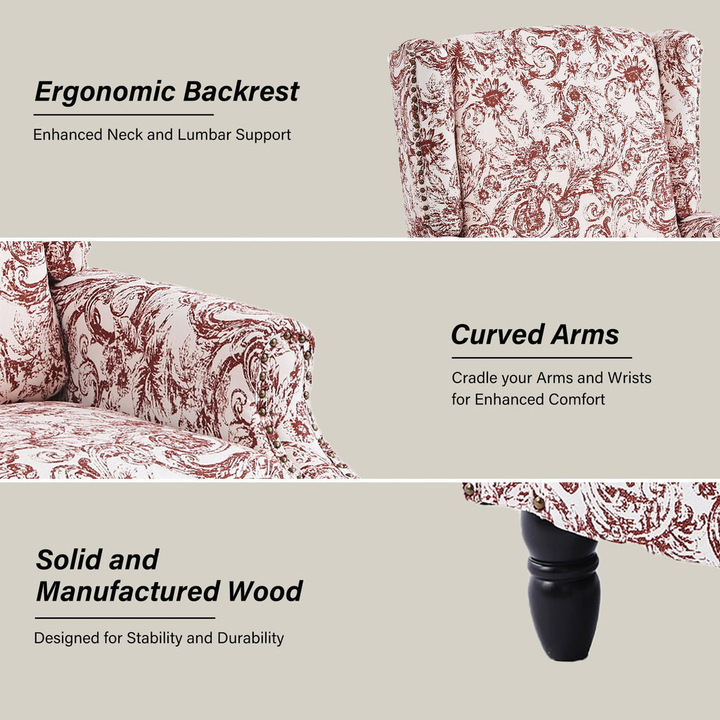 Wingback Floral Pushback Recliner Chair, Plants Beige, Set of 2