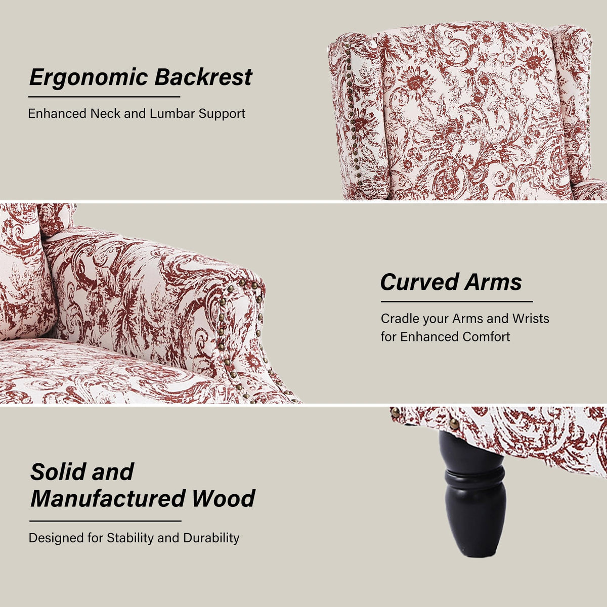 Wingback Floral Pushback Recliner Chair, Plants Beige, Set of 2