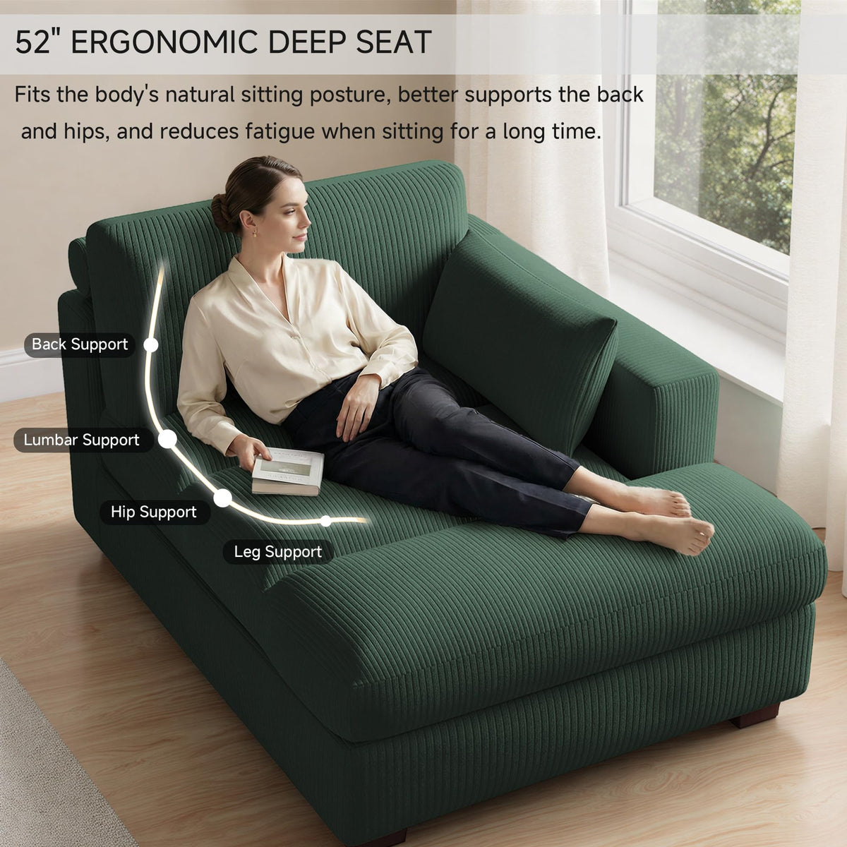 Oversized Corduroy Chaise Lounge Chair with Right Armrest & Cushion, Comfy Upholstered Sleeper Sofa Indoor Recliner Seat Solid Wood Couch w/Washable Cover for Bedroom, Living Room - Orange