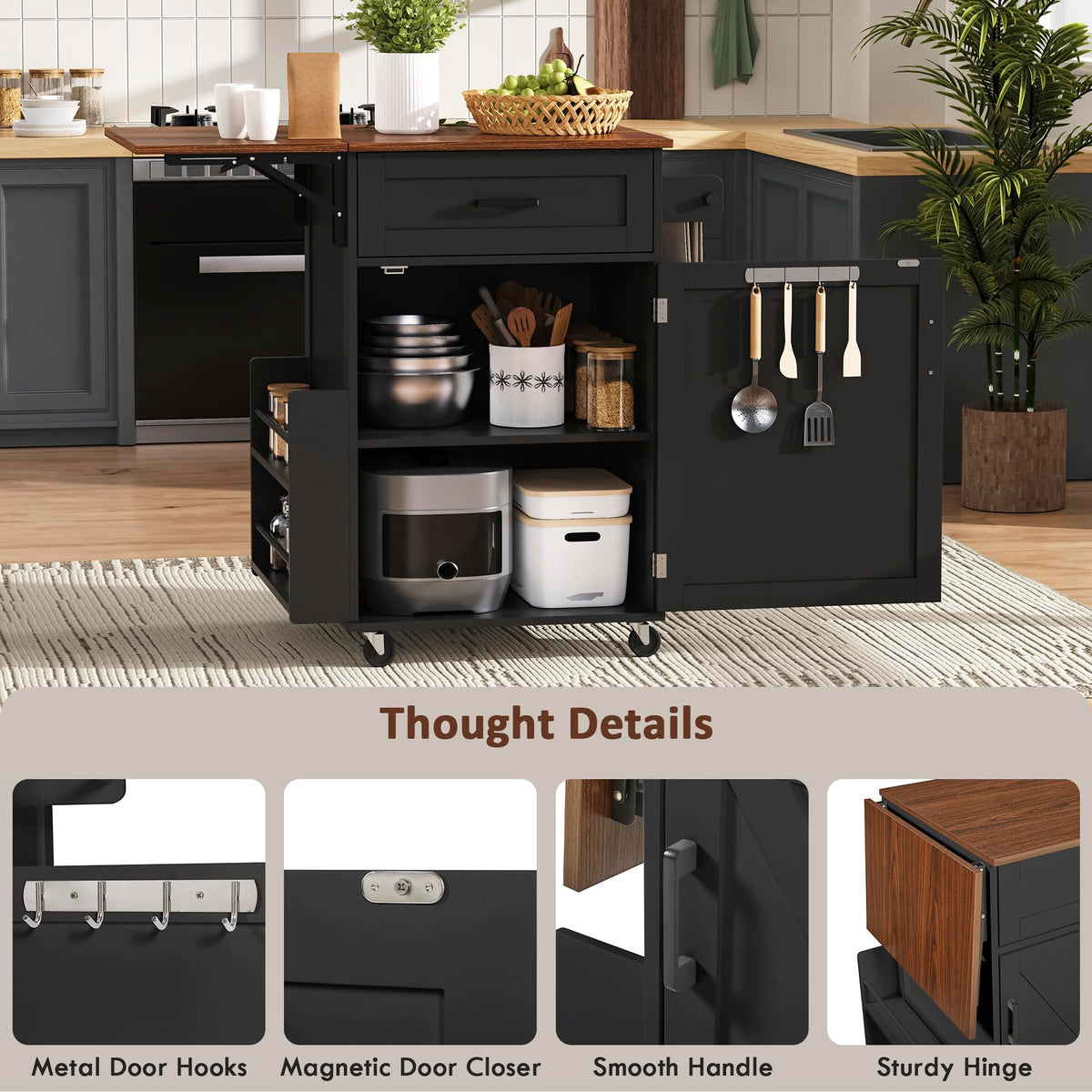 39.3"Farmhouse Kitchen Island with Open Side Rack and Drop Leaf and,Small Kitchen Rolling Cart with Drawer and Storage Cabinet, Narrow Mobile Dining Table with Lockable Wheels and Towel Rack White