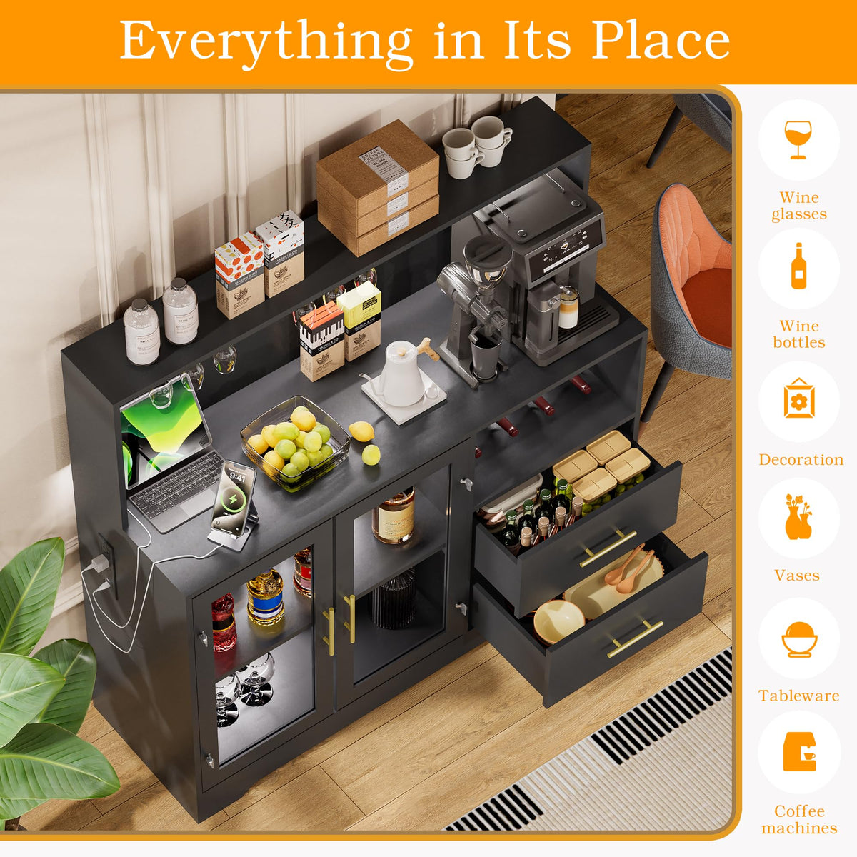 Home Bar Cabinet with Adjustable RGB LED Light, Wine & Coffee Storage with Rack & Drawers, Charging Station, Modern Liquor Cabinet for Living & Dining Room, All-in-One Wine Bar Cabinet (Rustic)