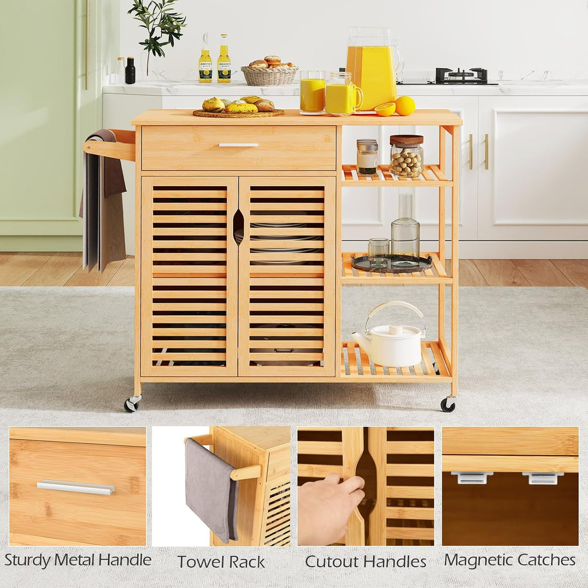 GIANTEX Bamboo Kitchen Island Cart, Mobile Serving Cart with Drawer, 2-Door Storage Cabinet, 3-Tier Shelves & Towel Rack, Rolling Utility Trolley for Dining Room (Natural)