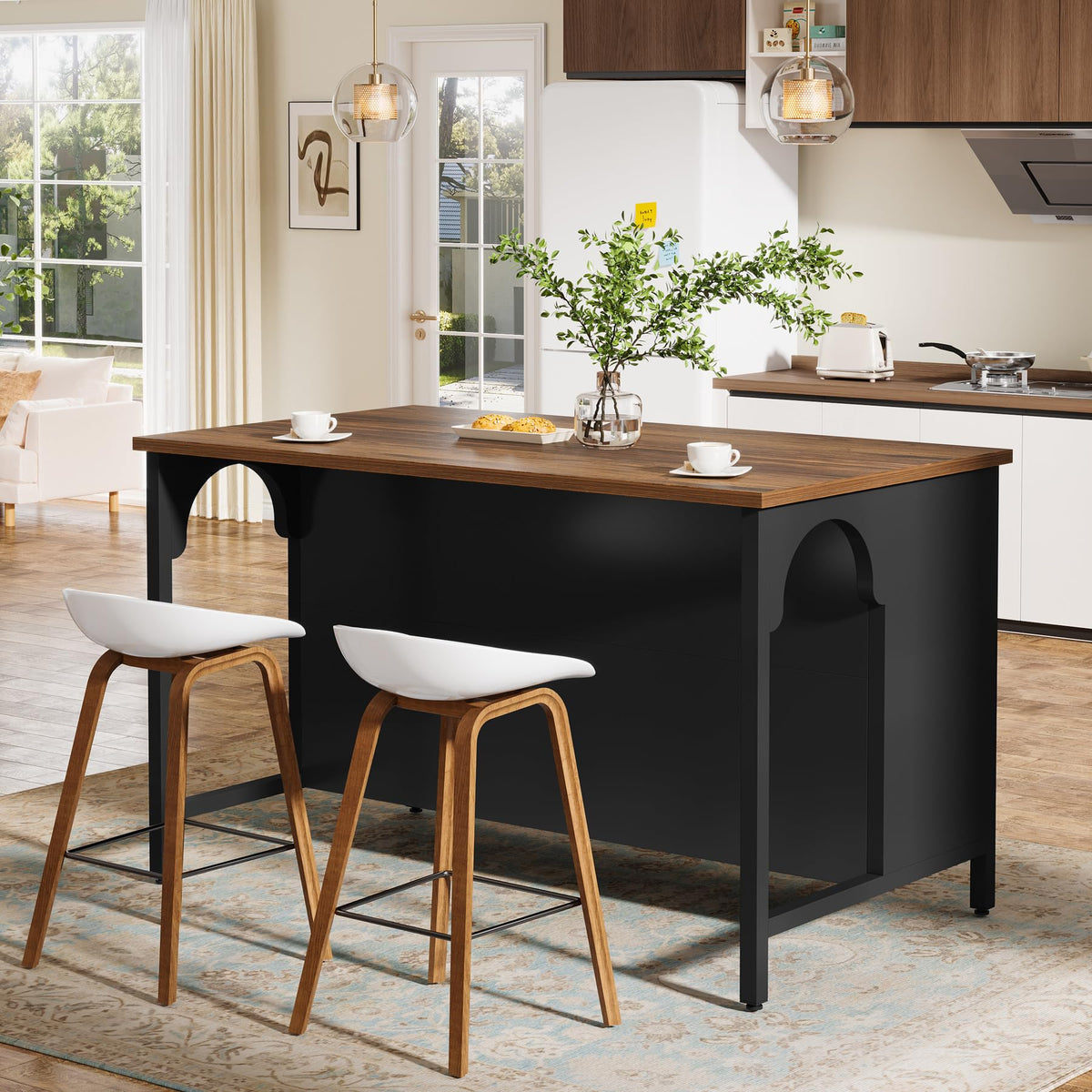 Tribesigns Kitchen Island with 3 Storage Shelves, 55" W Kitchen Shelf with Large Countertop and Seating Area, Modern Wooden Coffee Bar Table (White)
