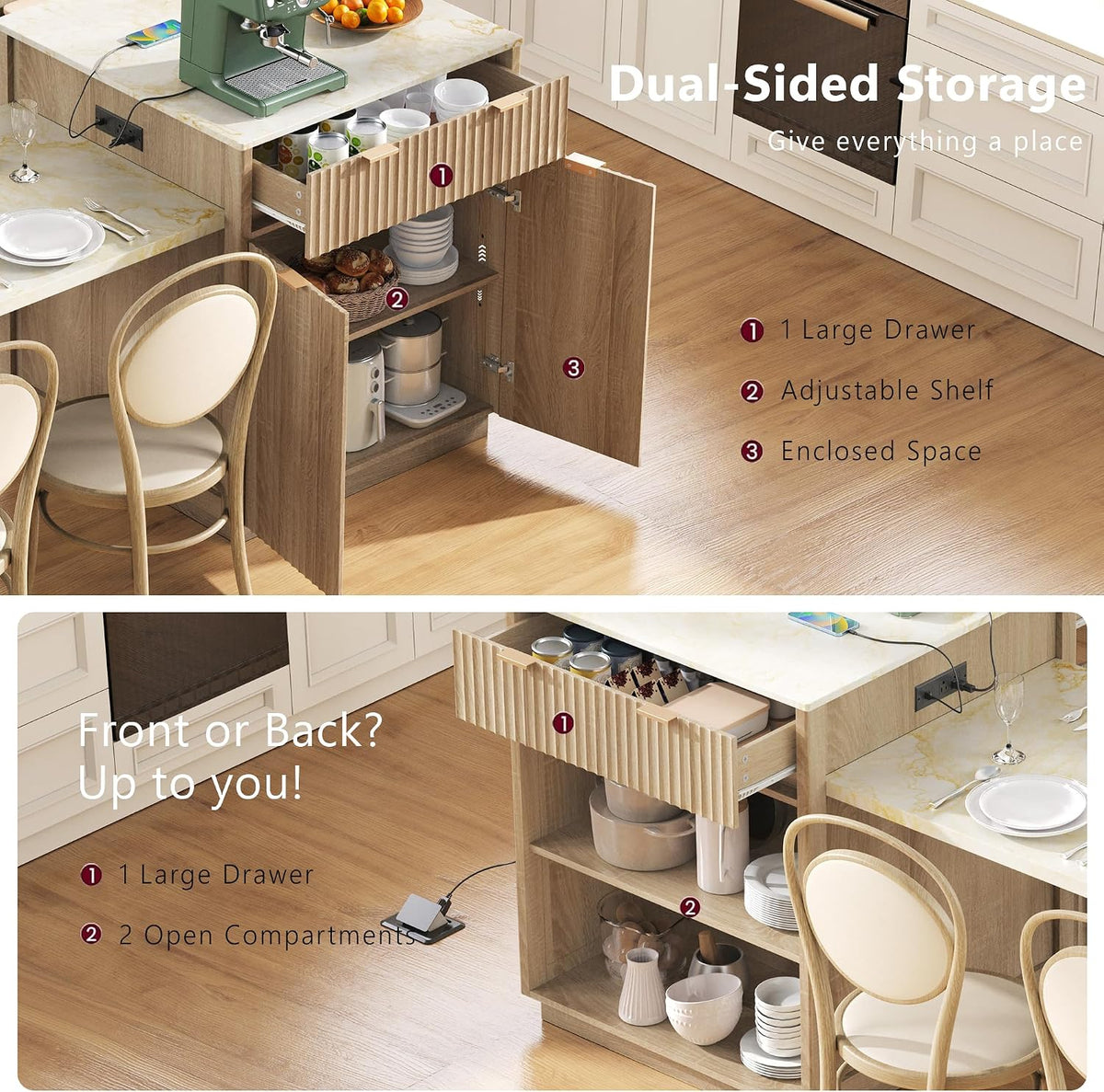 83" Extendable Kitchen Island with Drop Leaf Dining Table, Natural