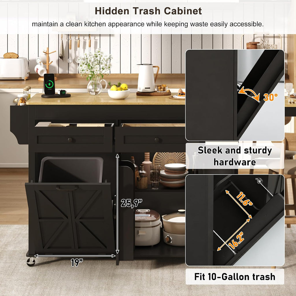 81.6"-51" Extendable Rolling Kitchen Island with Extended Dining Table & Power Outlet, Mobile Kitchen Storage Islands with Trash Cabinet, Large Islands Cart with Storage and 2 Seatings, Black