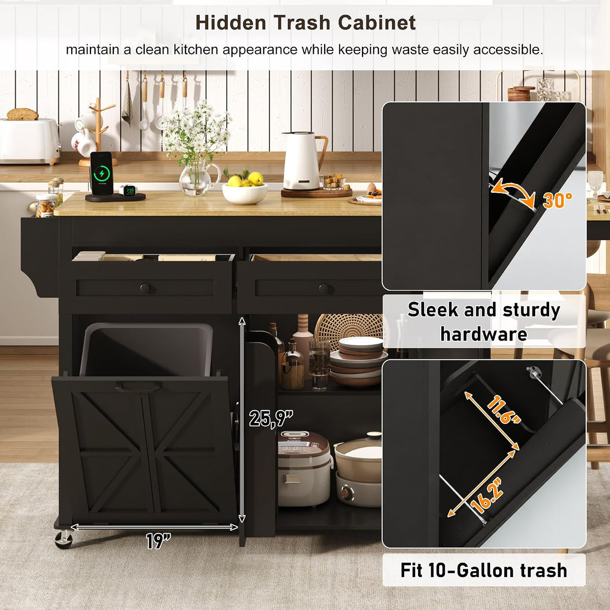 81.6"-51" Extendable Rolling Kitchen Island with Extended Dining Table & Power Outlet, Mobile Kitchen Storage Islands with Trash Cabinet, Large Islands Cart with Storage and 2 Seatings, Black