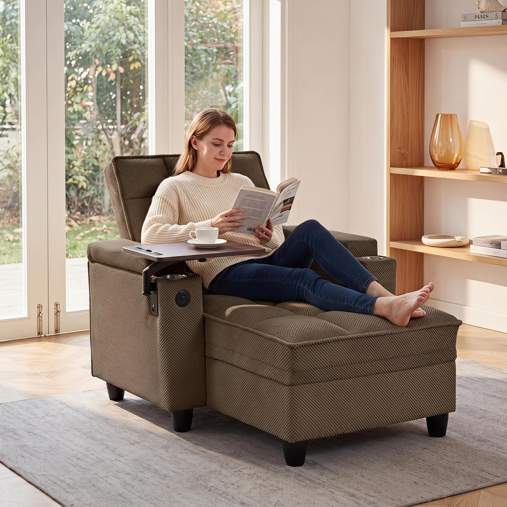 Convertible Sleeper Chair, Pull Out Sofa Bed with Adjustable Backrest & Hidden Storage Armrest, Single Sofa Recliner with USB Charging Port & Cup Holders for Living Room, Bedroom, Dark Gray