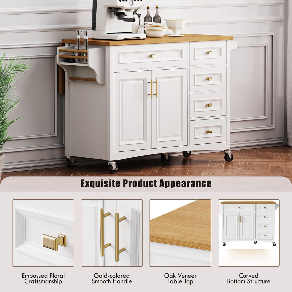 Large Kitchen Island with Rubber Wood Drop Leaf and Silver Handle
