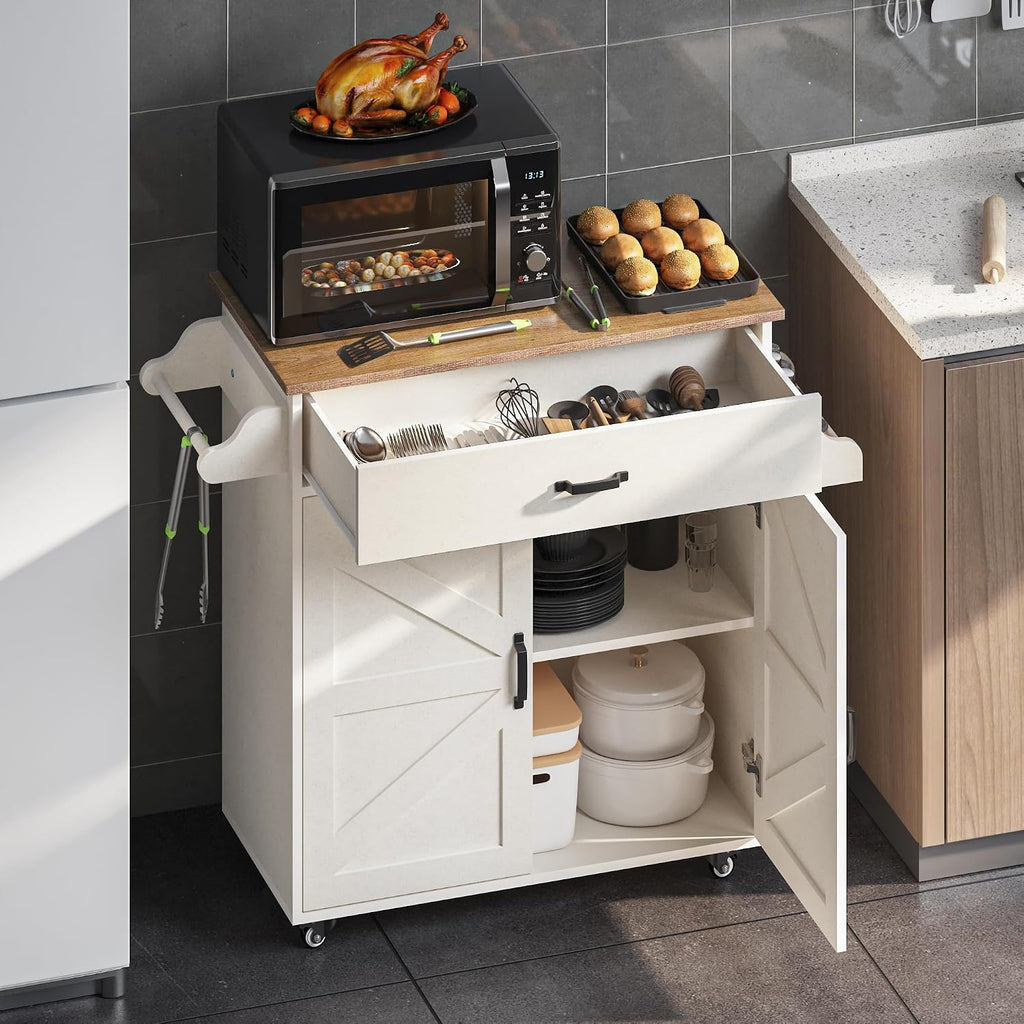 Wooden Kitchen Island on Wheels, Kitchen Storage Island with Spice Rack and Drawer, Rolling Kitchen Table with Towel Rack, Portable Islands on Wheels, for Home, Dining Room, 42" Wide White