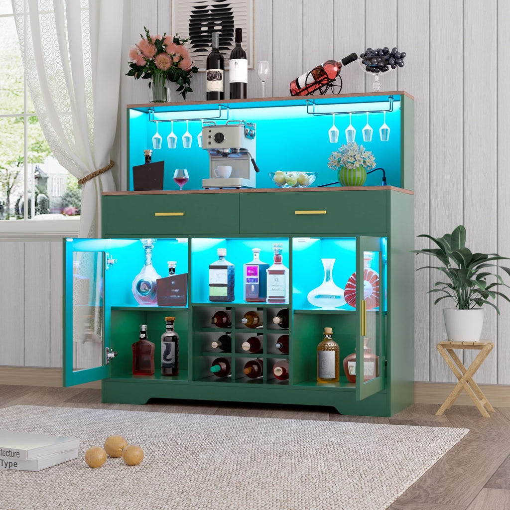 Wine Bar Cabinet with LED Lights, Liquor Cabinet for Home, Coffee Bar Cabinet with Wine Rack and Glass Holder, Black Home Bar Cabinets, Kitchen Buffet Sideboard for Living Room, Dining Room