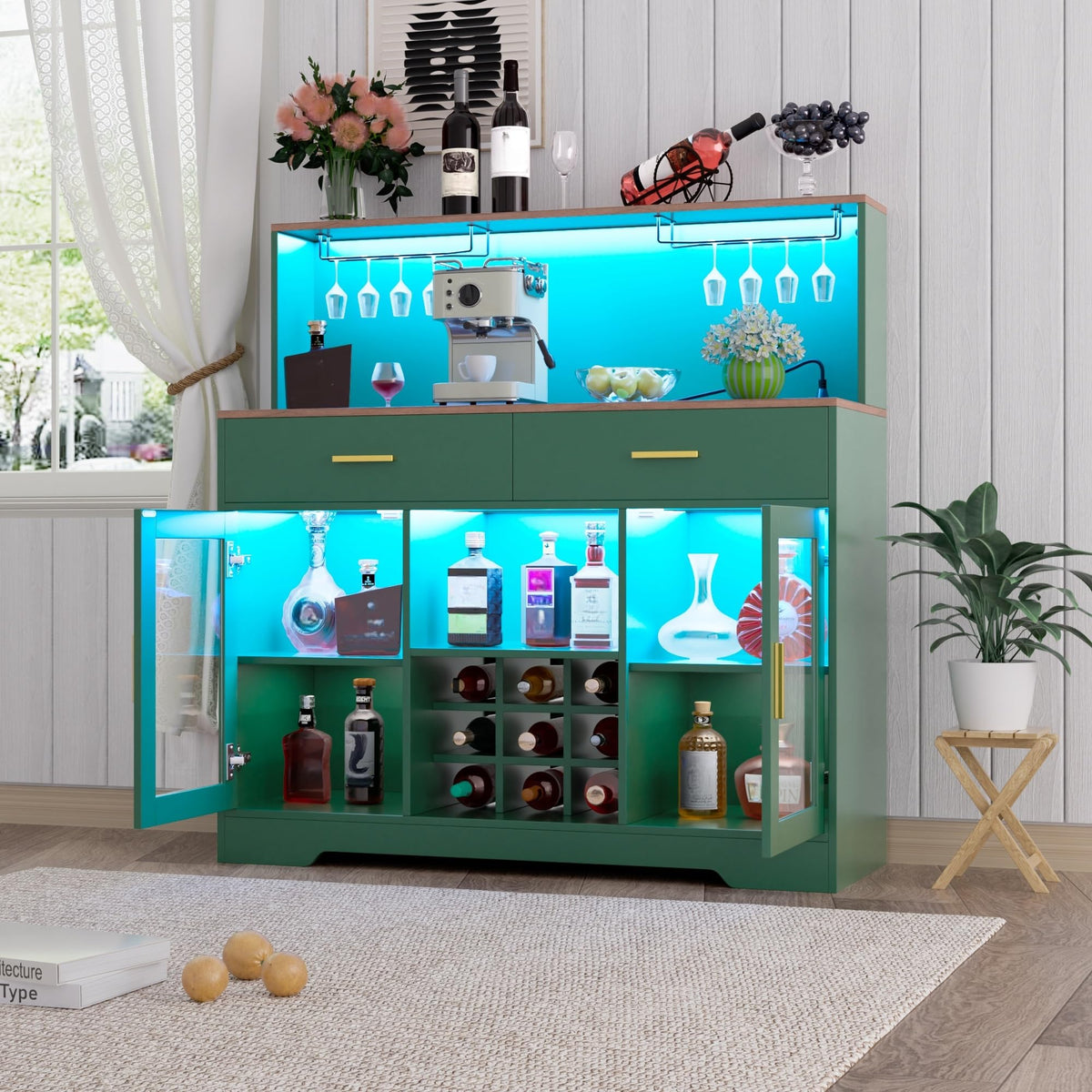Wine Bar Cabinet with LED Lights, Liquor Cabinet for Home, Coffee Bar Cabinet with Wine Rack and Glass Holder, Black Home Bar Cabinets, Kitchen Buffet Sideboard for Living Room, Dining Room