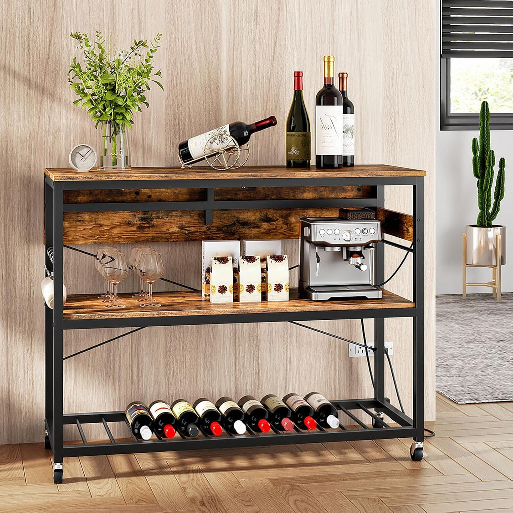 CHOEZON Kitchen Island with Power Outlet and Folding Top, Movable with 3-Tier Storage, Large Size, Wooden Shelves and Wine Rack, for Kitchen, Dining and Living Room, Rustic Brown and Black TZD02UBF