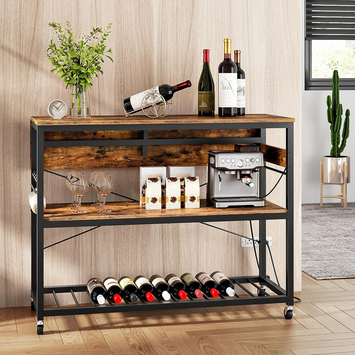 CHOEZON Kitchen Island with Power Outlet and Folding Top, Movable with 3-Tier Storage, Large Size, Wooden Shelves and Wine Rack, for Kitchen, Dining and Living Room, Rustic Brown and Black TZD02UBF
