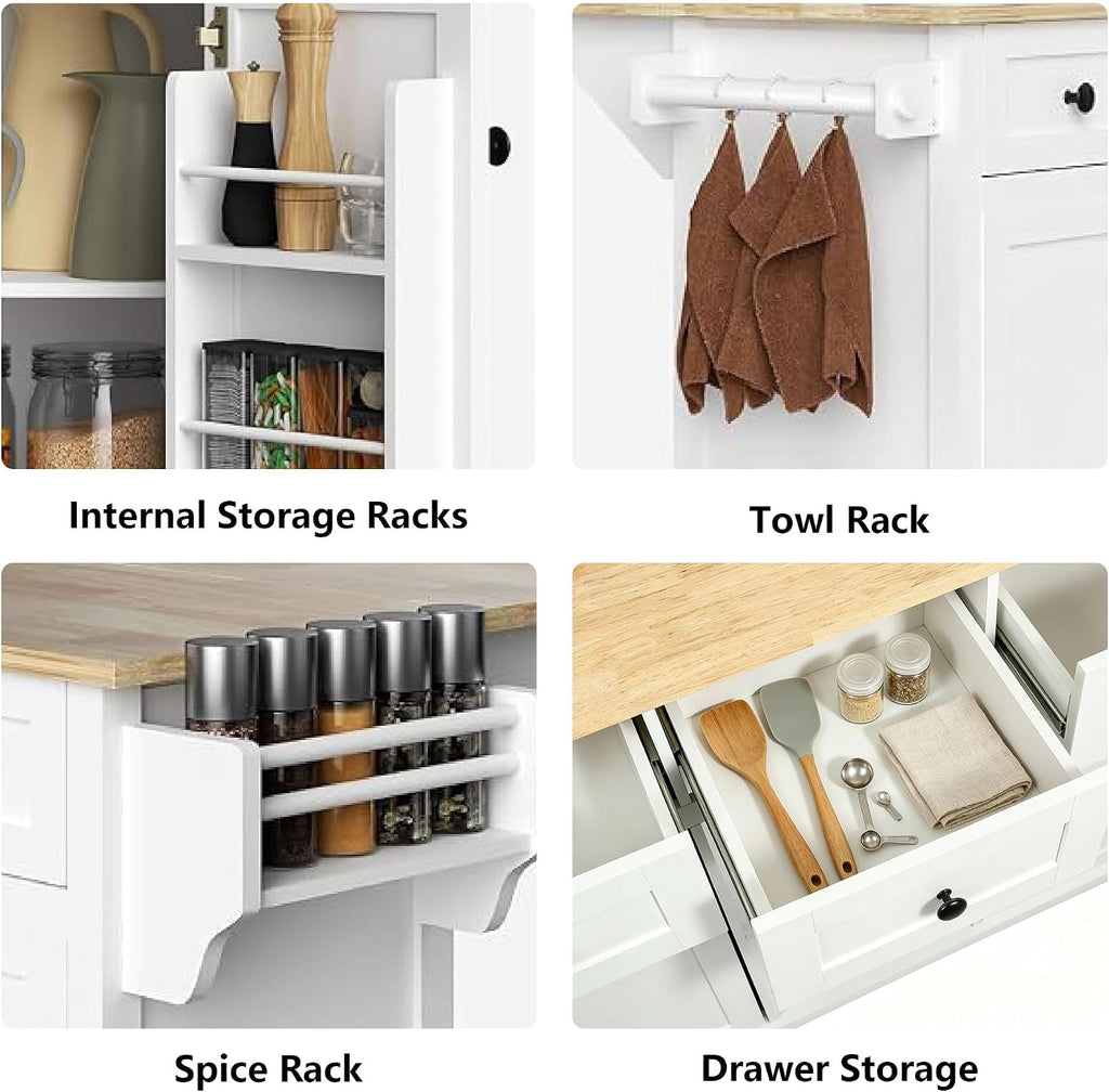 Rolling Kitchen Island with Rubber Wood Drop Leaf Countertop, Kitchen Cart on 5 Wheels with Storage Cabinet, 3 Drawers, Towel & Spice Rack, Mobile Kitchen Table for Dining Room Apartment, White