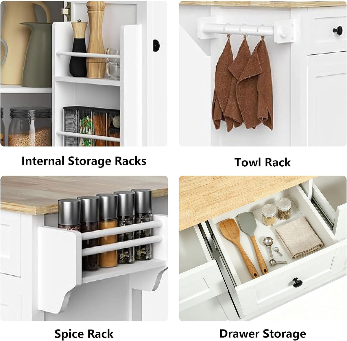 Rolling Kitchen Island with Rubber Wood Drop Leaf Countertop, Kitchen Cart on 5 Wheels with Storage Cabinet, 3 Drawers, Towel & Spice Rack, Mobile Kitchen Table for Dining Room Apartment, White