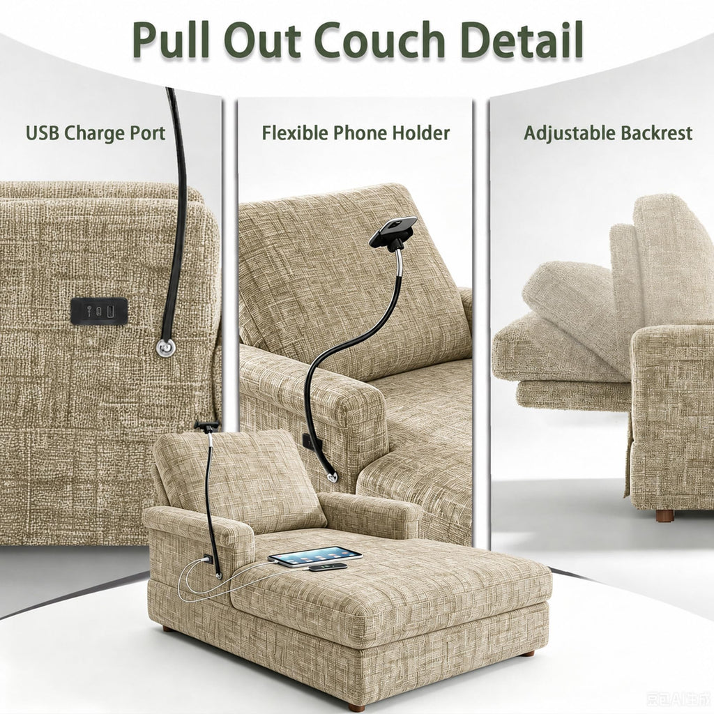 EJUNQ 66.5" Oversized Chaise Lounge Chair Indoorï¼Cozy Sofa Bed with Phone Holder and USB Chargerï¼Upholstered Deep Seat Sleeper Sofa Bedï¼Comfy Single Sofa Armchair for Living Room, Grey