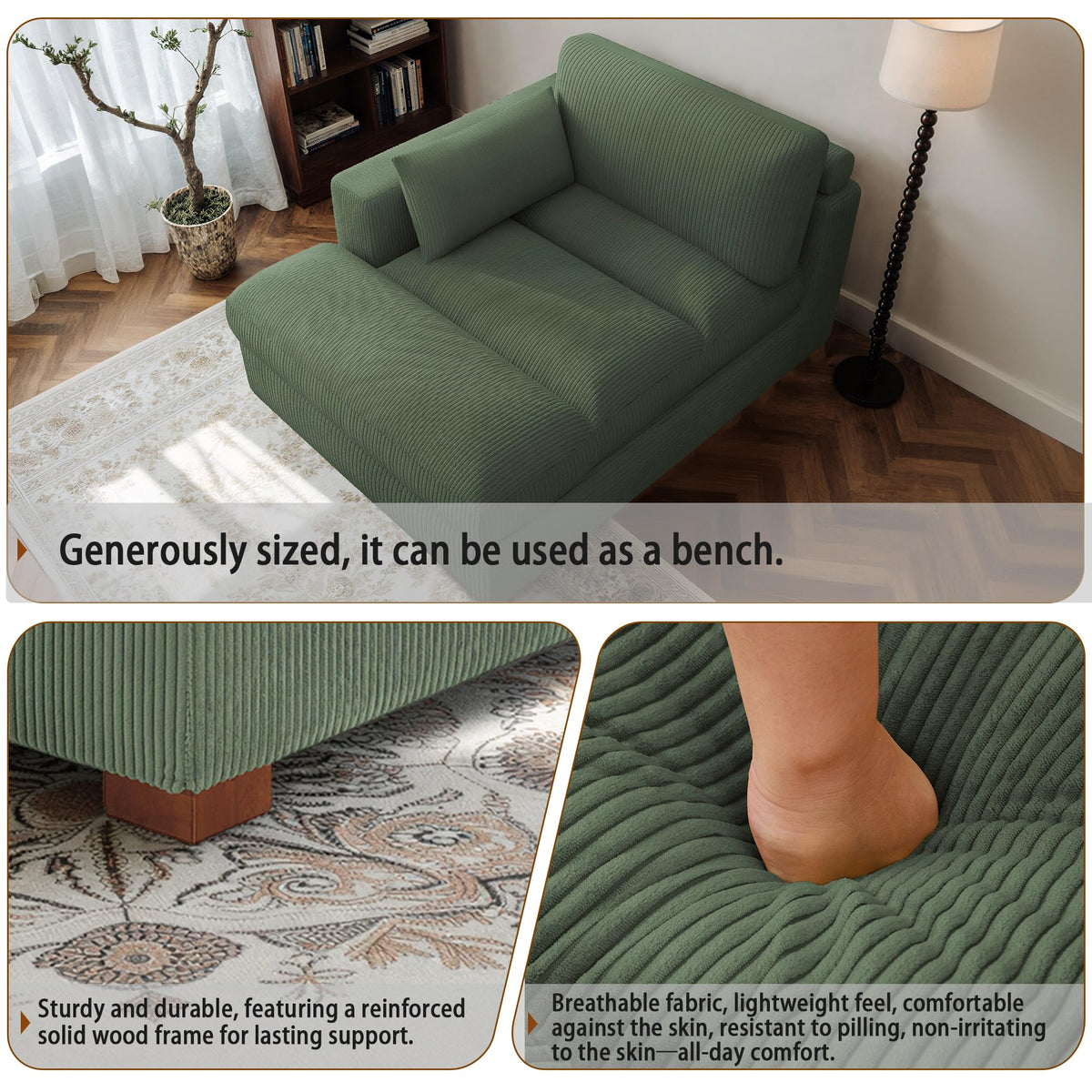Oversized Corduroy Chaise Lounge Chair with Right Armrest & Cushion, Comfy Upholstered Sleeper Sofa Indoor Recliner Seat Solid Wood Couch w/Washable Cover for Bedroom, Living Room - Orange
