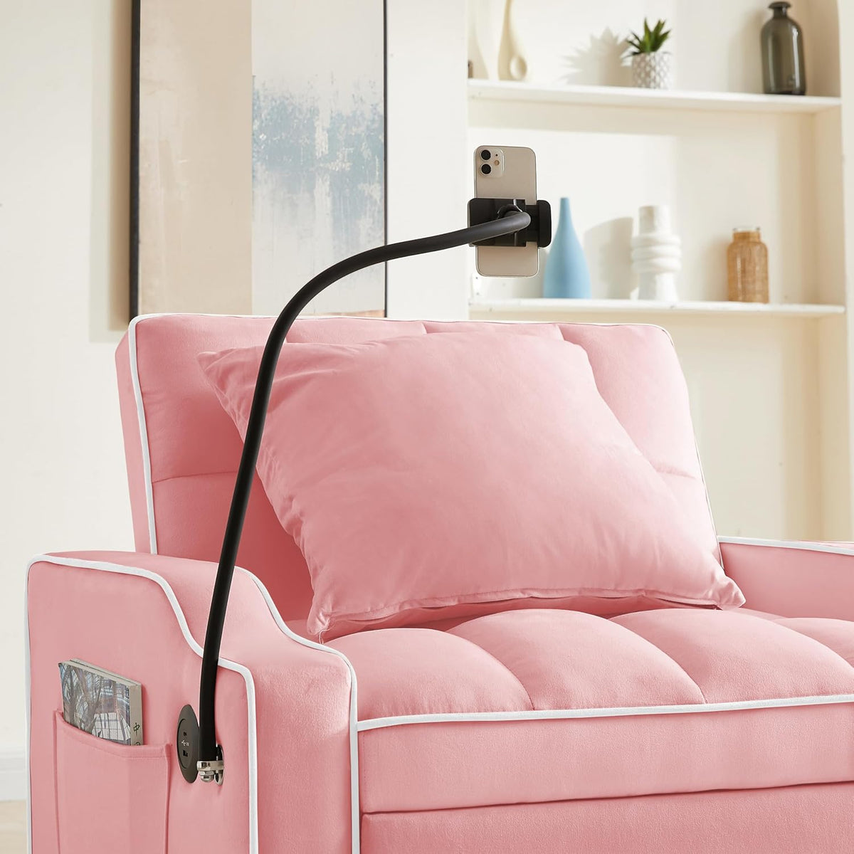 mikibama Pull Out Chair Bed Tufted, Convertible Sleeper Chairs with Storage Pocket & Cupholder & Phone Holder,3-in-1 Reclining Single Sofa Couch Bed for Adults Small Spaces (Pink, 33.85")