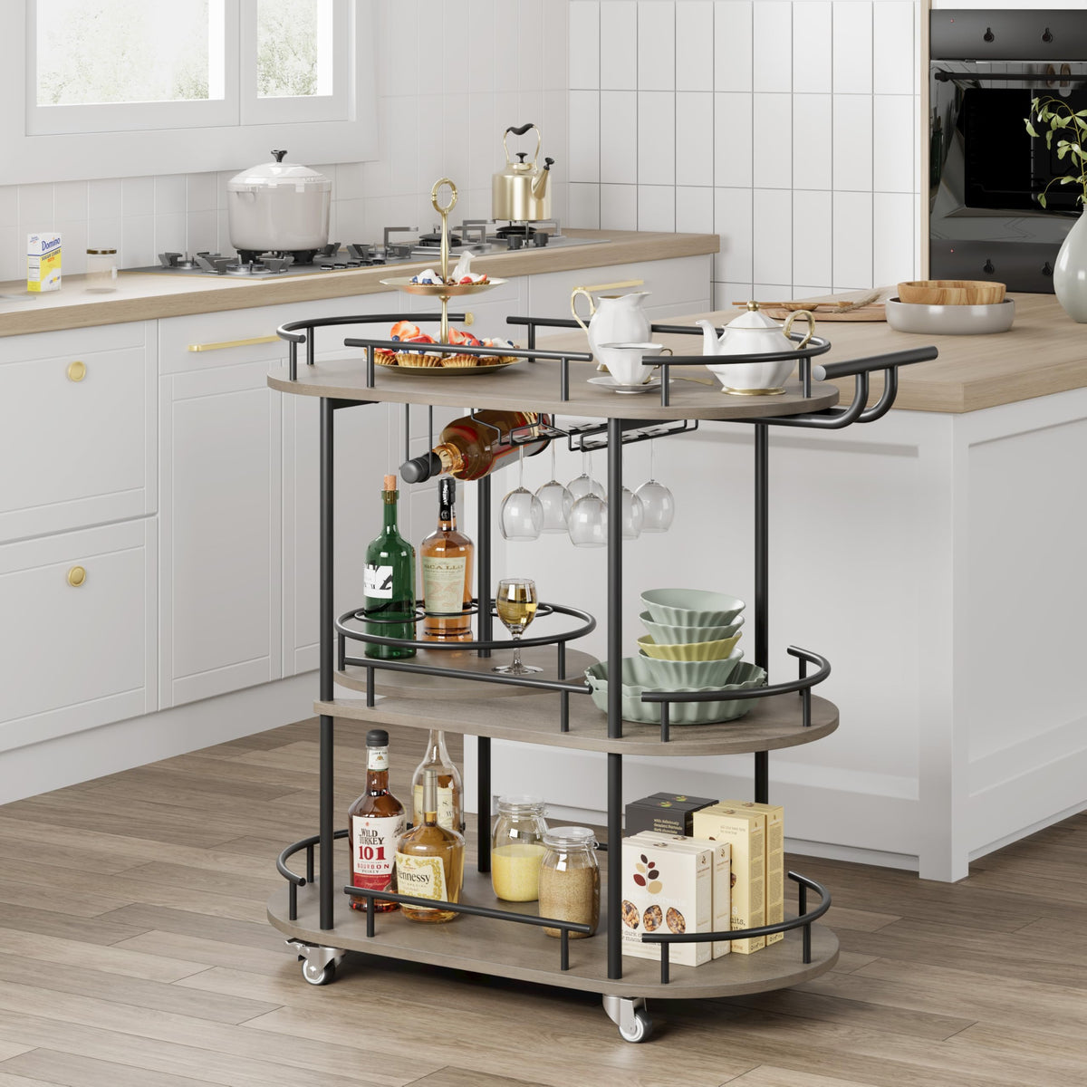 Garvee Bar Serving Cart with Wine Rack and Glass Holder, 3-Tier Rolling Serving Cart with 4 Wheels, Small Serving Table for Living Room, Kitchen, Dining Room, Gold+Black