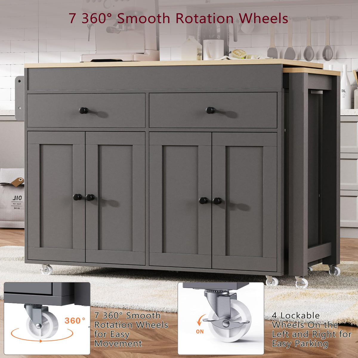 Ball & Cast Kitchen Island with Extendable Dining Table and Power Outlet,82.7" Rolling Kitchen Cart W/ 2 Drawers & 2 Side Open Shelves,Kitchen Table W/Double-Sized Storage,for Dining Room,White